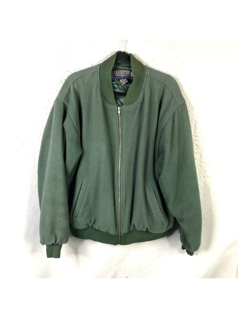 Vintage Duckster Jacket Mens Large Green Wool Bomber Full Zip Lined Aviator